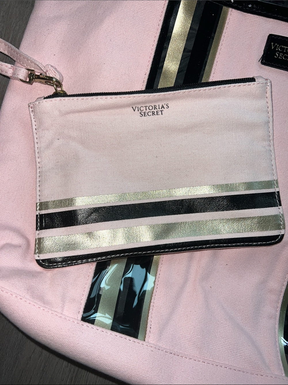 NWT Victoria's Secret Pink Tote with Black Trim and Gold Stripes - Picture 3 of 5